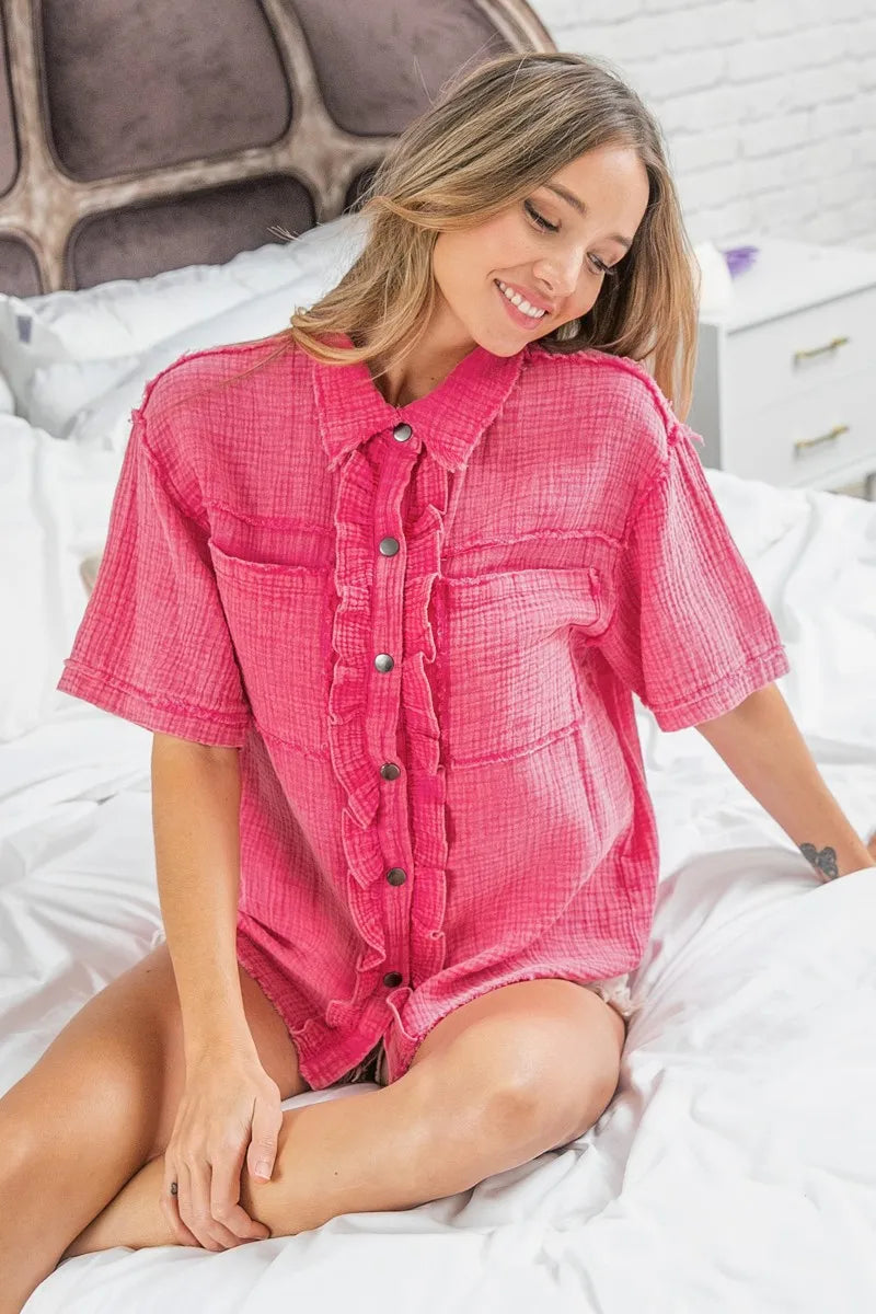 BiBi Mineral Washed Wrinkle Gauze Raw Edge Shirt Top fc64e6b6dc3c422395c1f0238517592e-Max-Origin