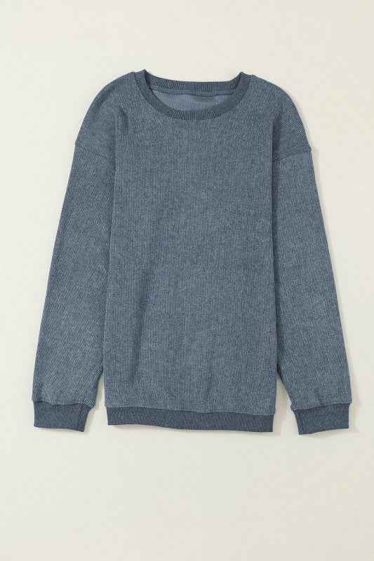 Solid Ribbed Knit Round Neck Pullover Sweatshirt fc69df05-d08e-4a48-877f-94943e1555f3