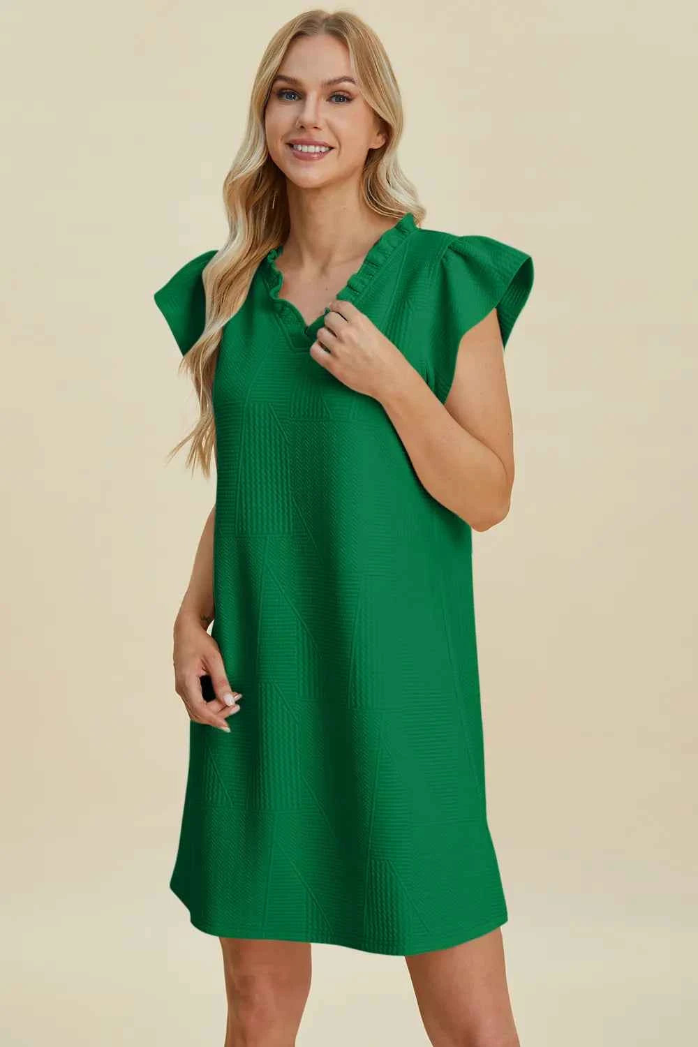 Double Take Full Size Ruffled V-Neck Cap Sleeve Dress Dark Green fc6e60eb-f3af-4f64-9877-bebe46458c87-Max