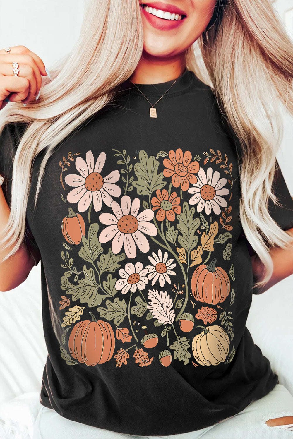 Black Wild Flower Pumpkin Heat Transfer Printing T Shirt fc6e8a4978cfb882