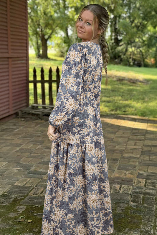 Sky Blue Floral Print Smocked High Waist Long Sleeve Maxi Dress fc772220b5854860