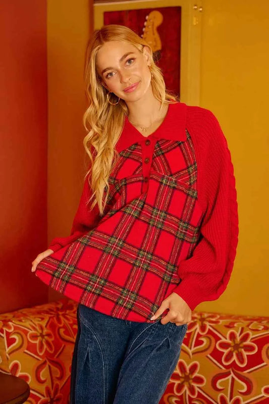 Plaid Buttoned Collared Top with Sweater Sleeve fc824444b83e41c98b4d1915d3652304-Max-Origin