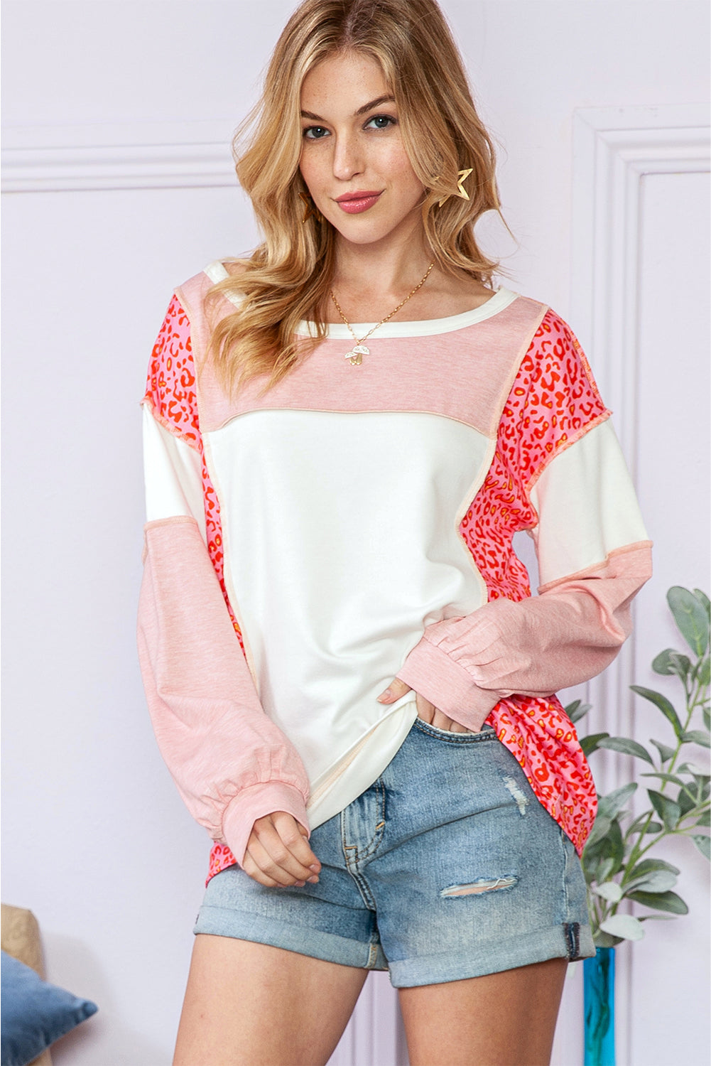 Peach Blossom Patchwork Long Sleeve Round Neck Top fc84629dcf5a5db5