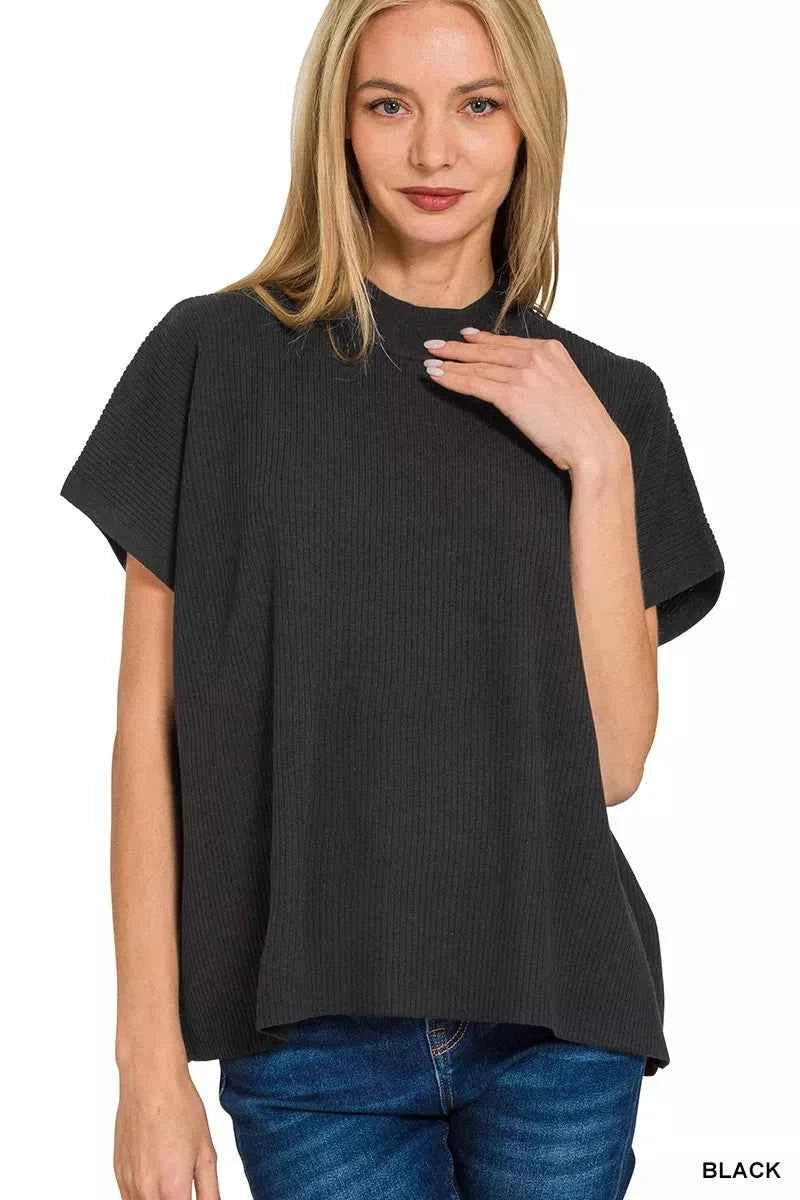 Zenana Viscose Mock Neck Short Sleeve Boxy Sweater BLACK fc8725eb8c324a9cb2177d3117175a7d-Max-Origin