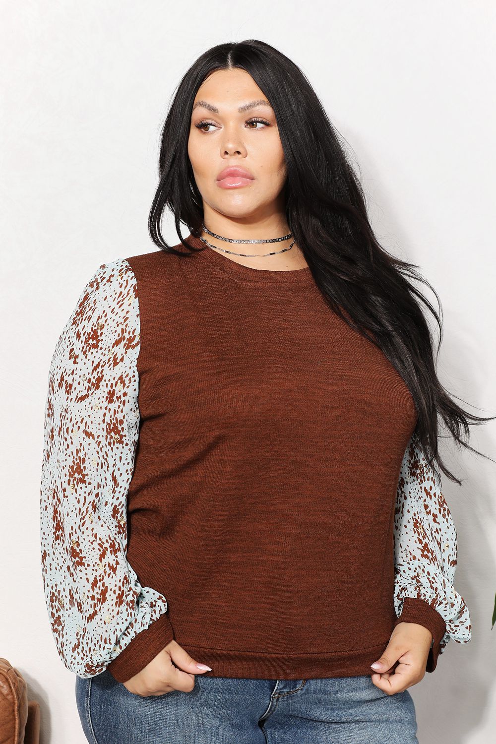 And The Why Full Size Foil Printed Sleeve Top Brown fc8926e68ff54f8ab724a9f3d89be7f4-Max