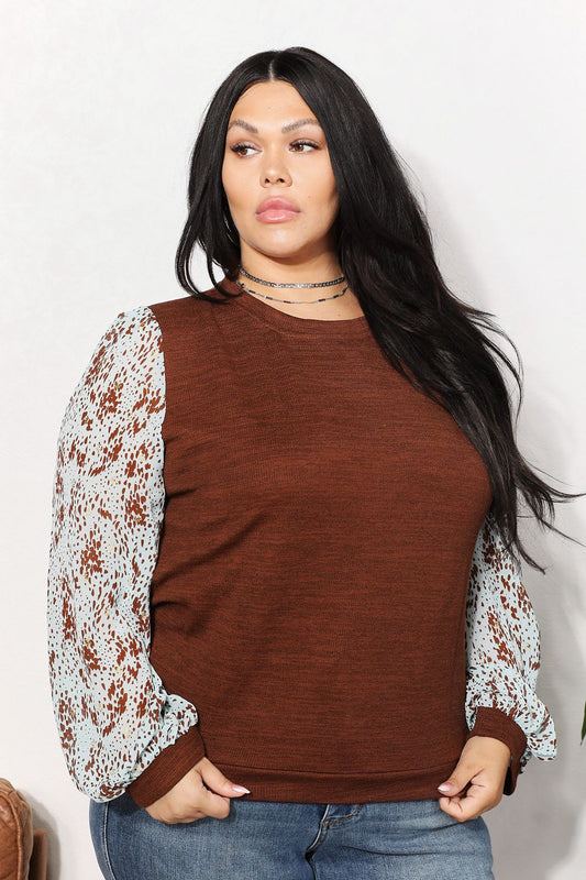 And The Why Full Size Foil Printed Sleeve Top Brown fc8926e68ff54f8ab724a9f3d89be7f4-Max