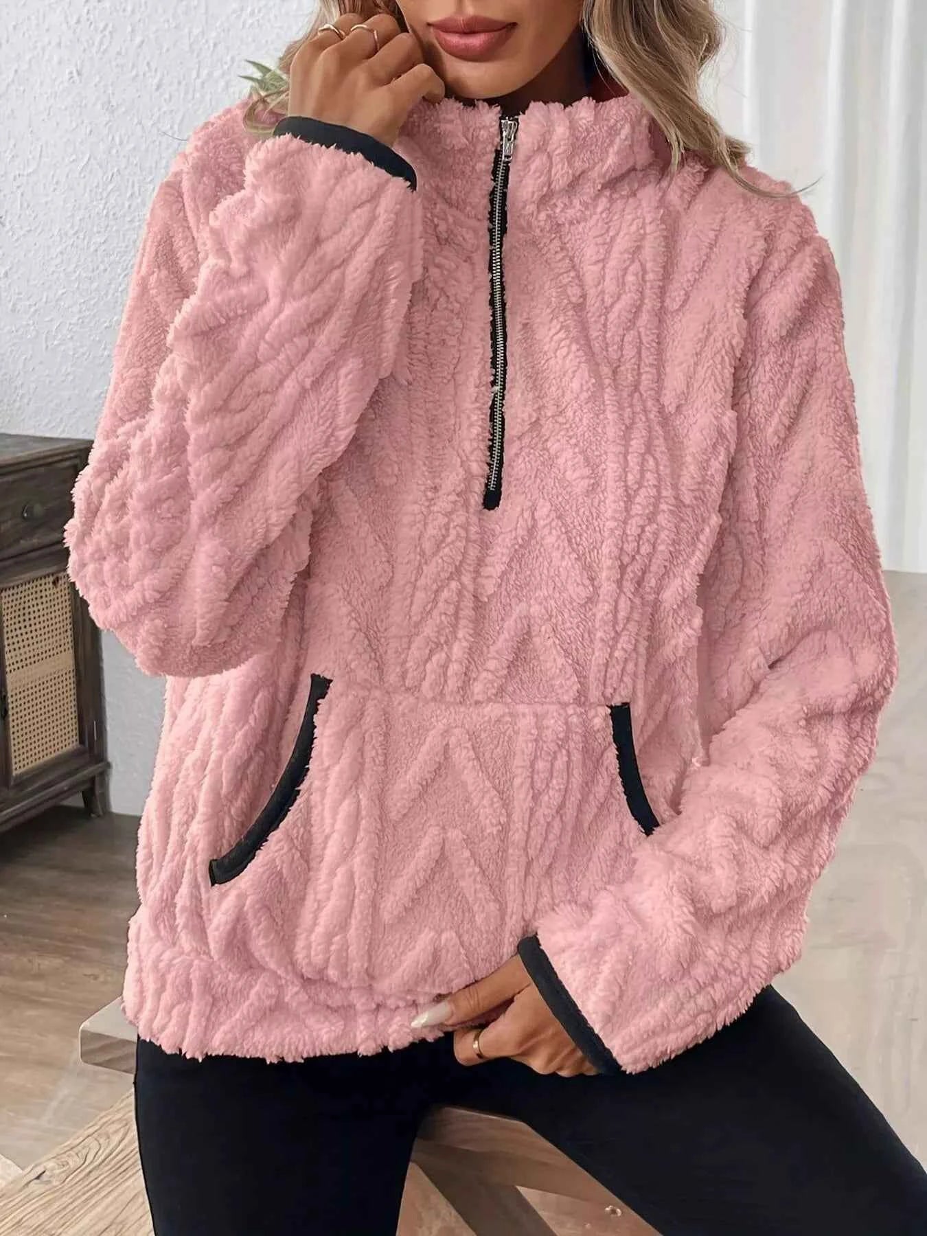 Full Size Half Zip Kangaroo Pocket Sweatshirt Plus Size Pink fc892dc6-899d-4971-9e94-f3c52a1acc80-Max-Origin