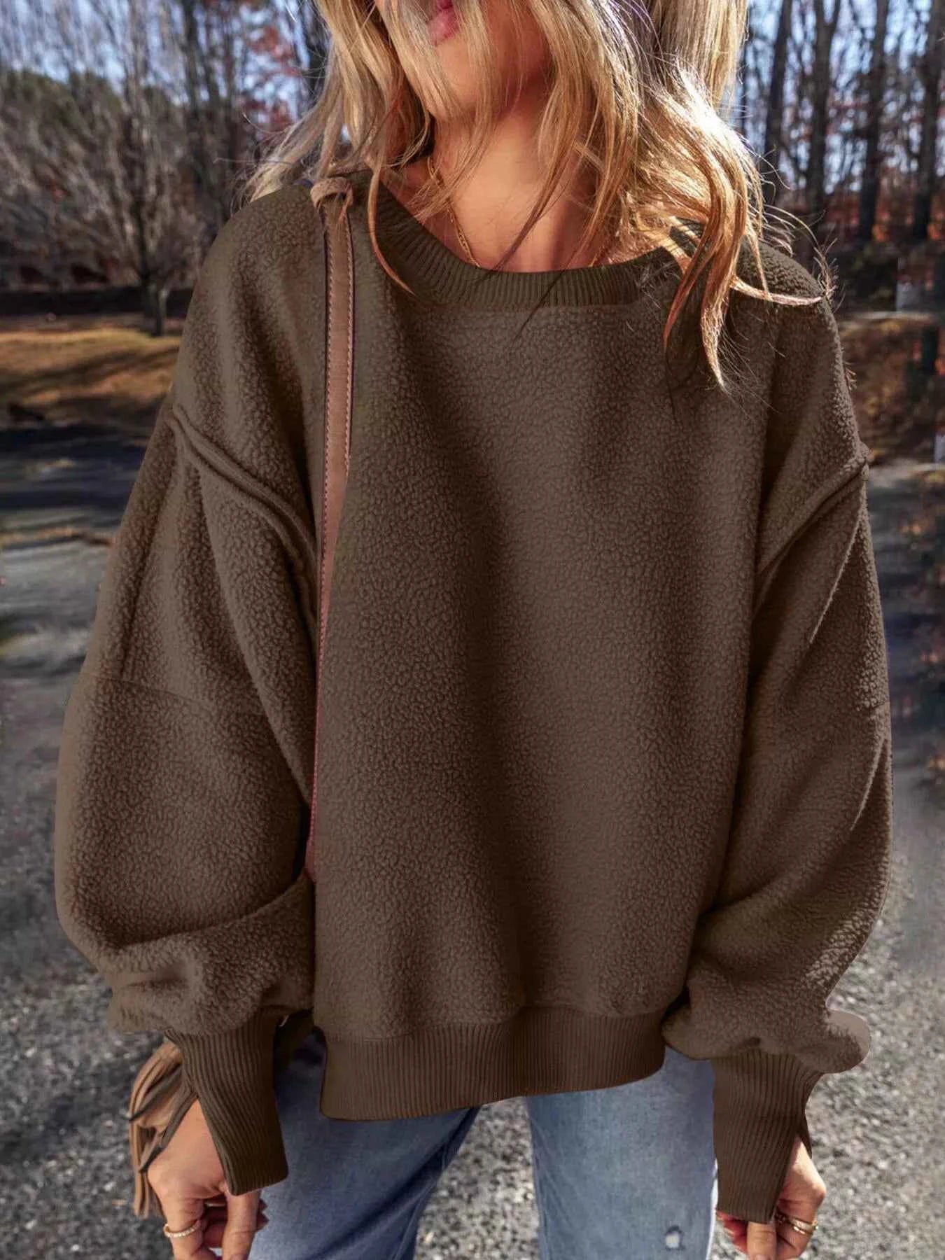 Round Neck Dropped Shoulder Sweatshirt Coffee Brown fc8a69a6-b737-4805-8d79-49fceba7a134-Max-Origin