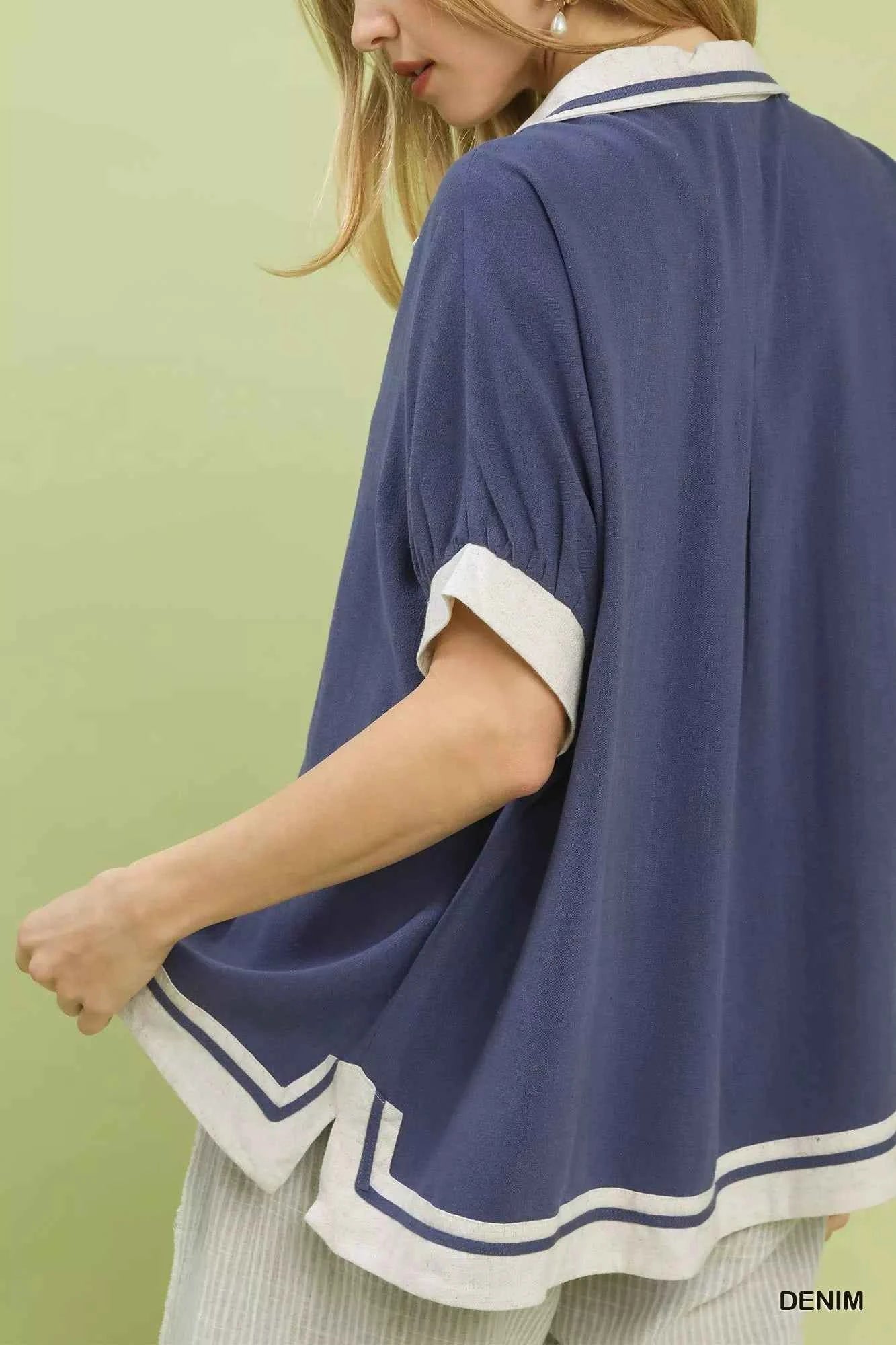 Linen Button Front Top with Contrast Piping fc8c6efd-29be-433a-b35e-1e0117b5808b-Max-Origin