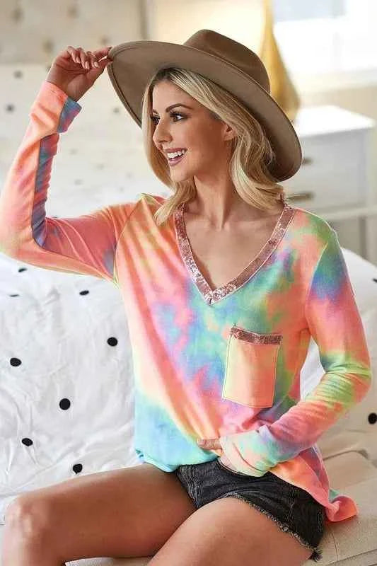 BiBi Tie Dye V-neck Terry Knit Top With Sequins PASTEL TIE DYE fc8c81aeabcf4343898eee17c05dfb5f-Max-Origin