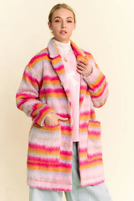 Contrast Striped Open Front Coat with Pockets fc8cea2b-c802-40d1-8aba-b565e1b63580-Max