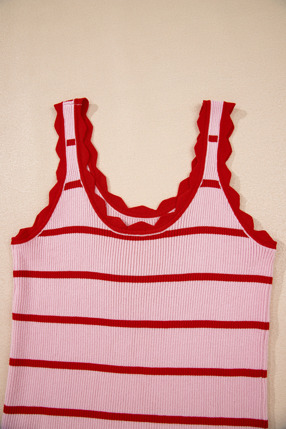 Bright Green Scalloped Edge Striped Ribbed Tank Top fc8e0369a206db9d