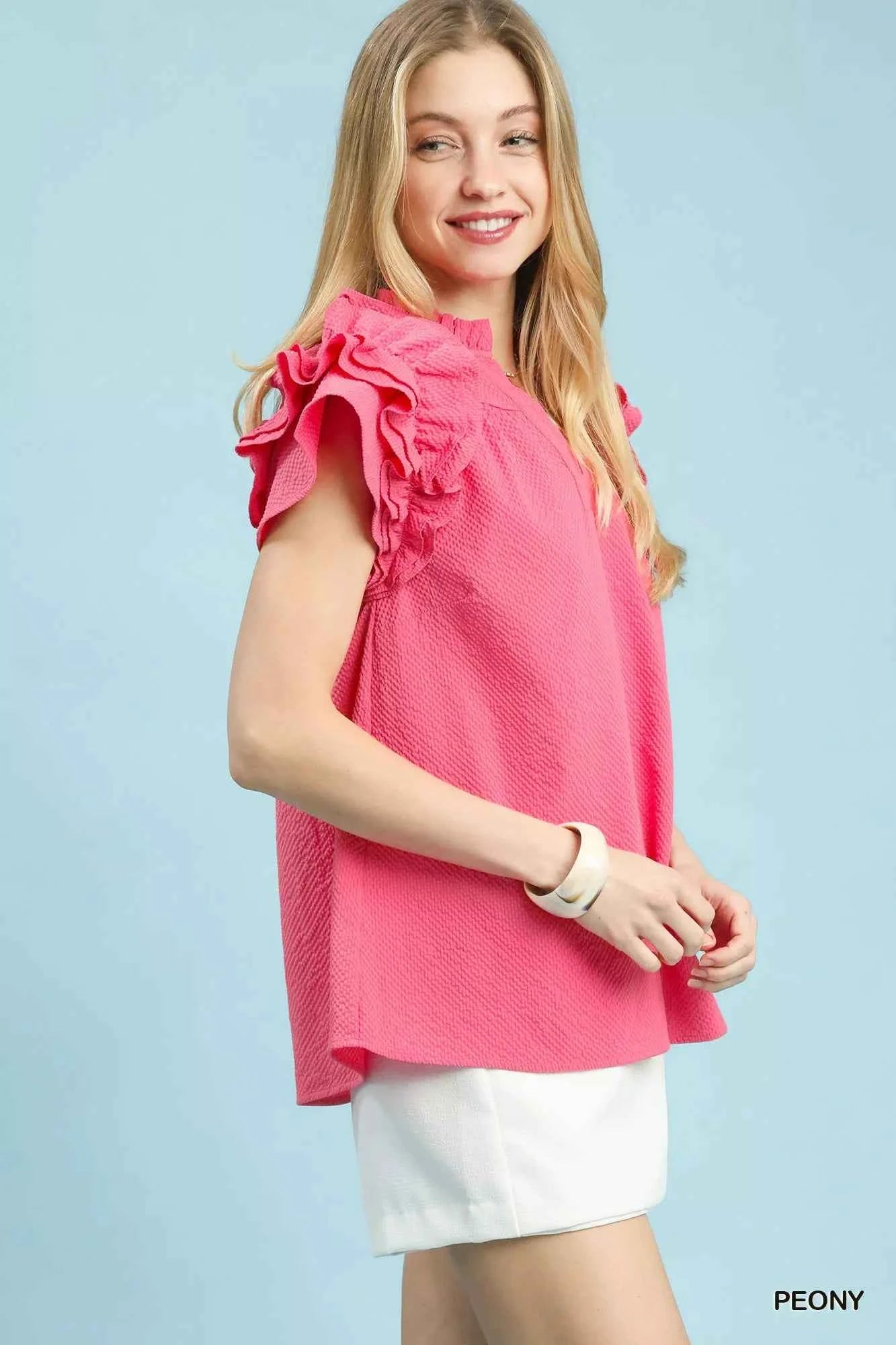 Umgee Textured Ruffle Sleeve Notched Top fc91ec9e-f586-4b88-872d-91031e175bb9-Max-Origin