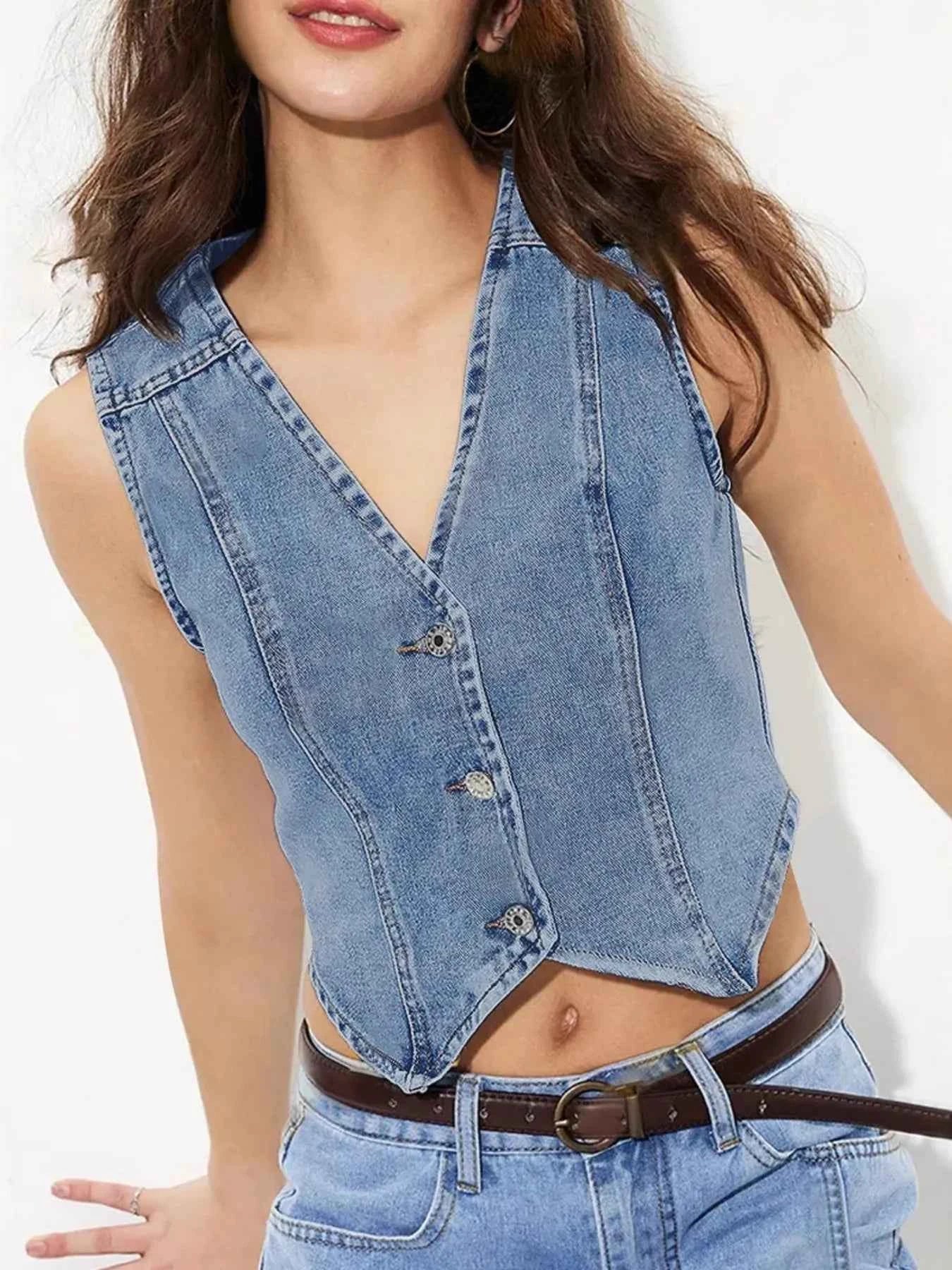 Button-Up Sleeveless Denim Vest Dusty Blue fc92e9d9302646ef8ea27345fb4f336e-Max-Origin