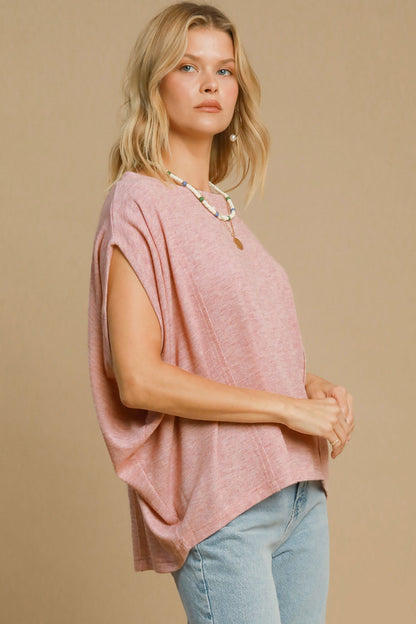 Umgee Exposed Seam Round Neck Batwing Sleeve Knit Top