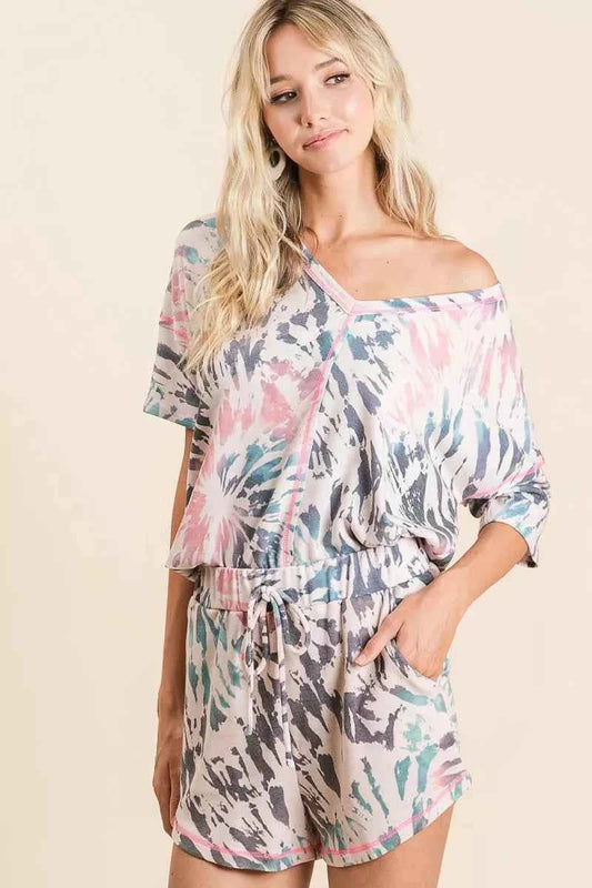BiBi Tie Dye Print Terry V Neck Top With Contrast TIE DYE fc9929c8b77045f3916e621153e07d6d-Max-Origin