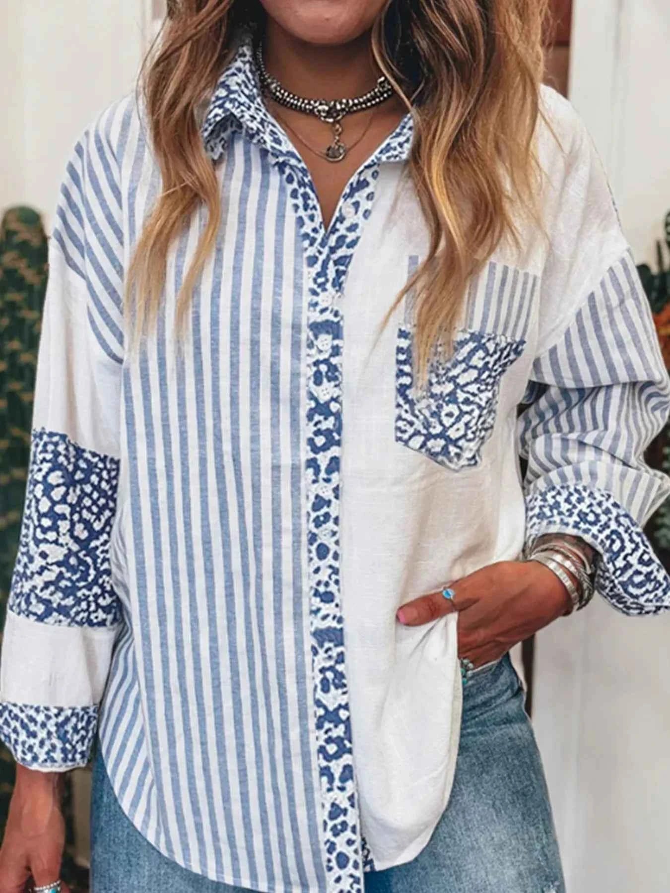 Striped Patchwork Button Down Shirt with Leopard Print Details Light Blue fc99999cc22d439c94f4bcf726519691-Max-Origin