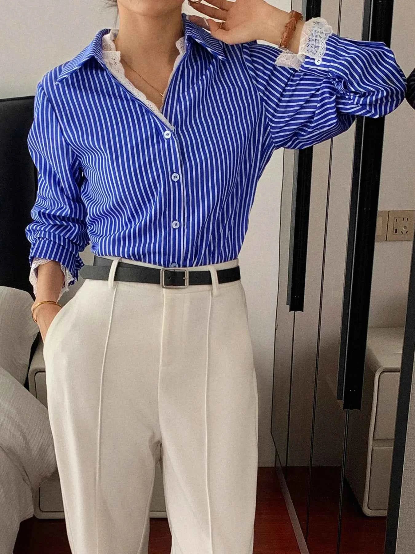 Striped Button-Down Shirt with Lace Detail fc9a1b58eb624ffda3a08d8261af71c9-Max-Origin