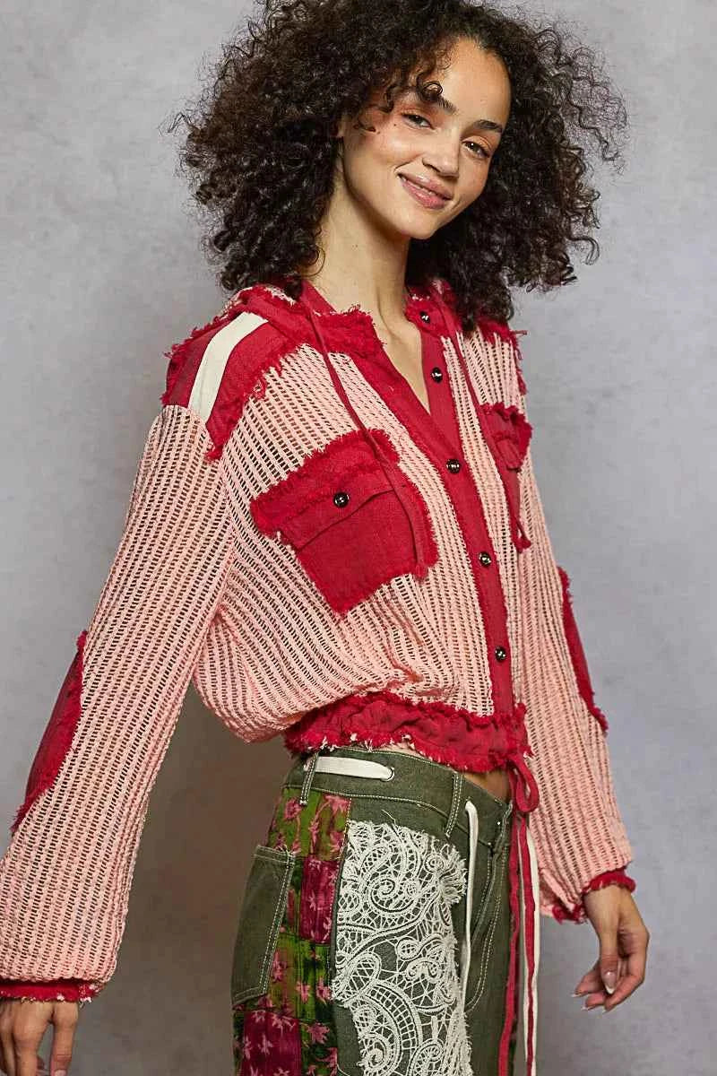 POL Texture Woven Button Down Hooded Shirt with Drawstring Hem fc9e1781-f2e4-48b9-960d-72a8ca6fe1e9-Max-Origin
