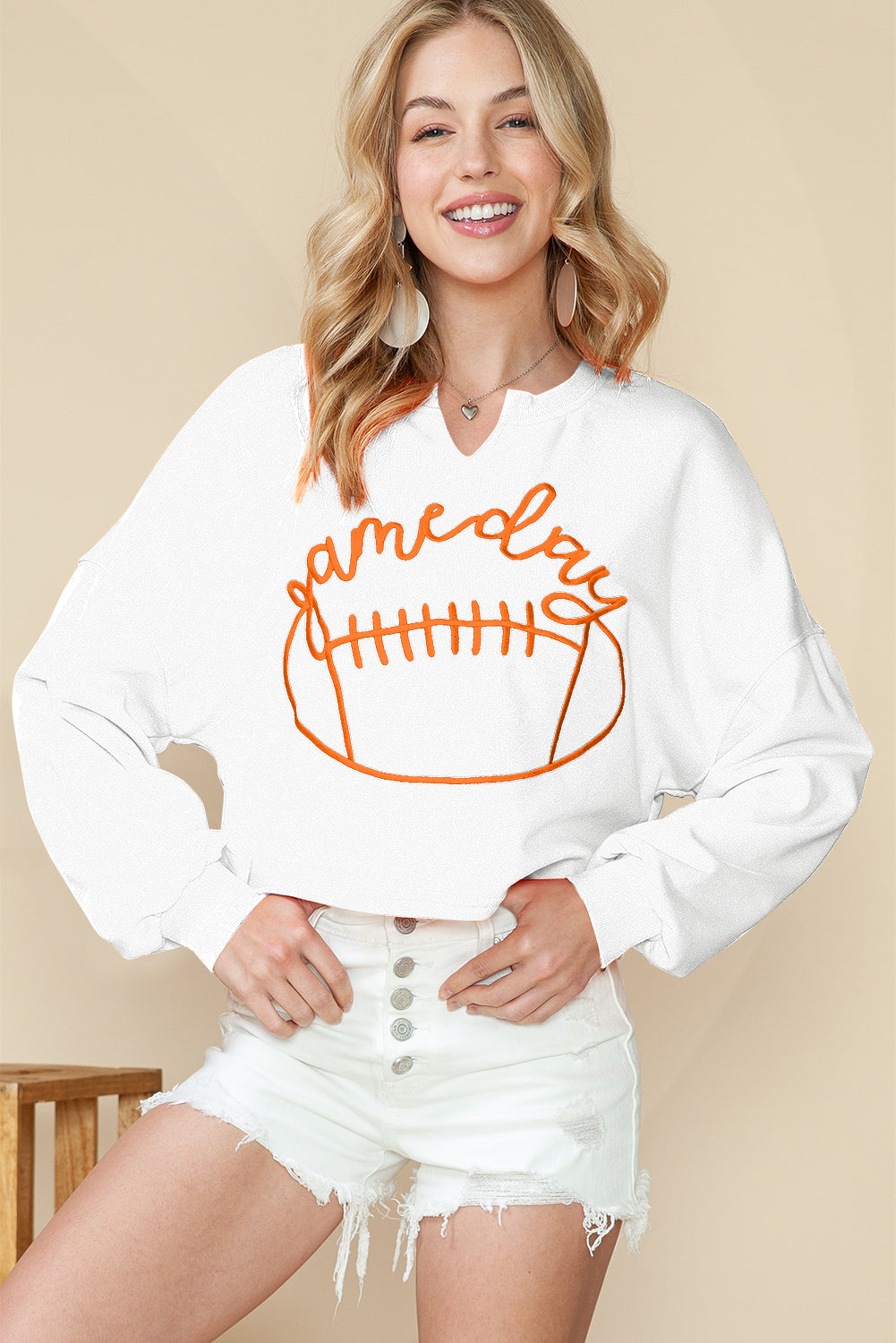 Orange Game Day Lettering Rugby Notched Neck Cropped Sweatshirt fca0ea3b4ad8ca2a