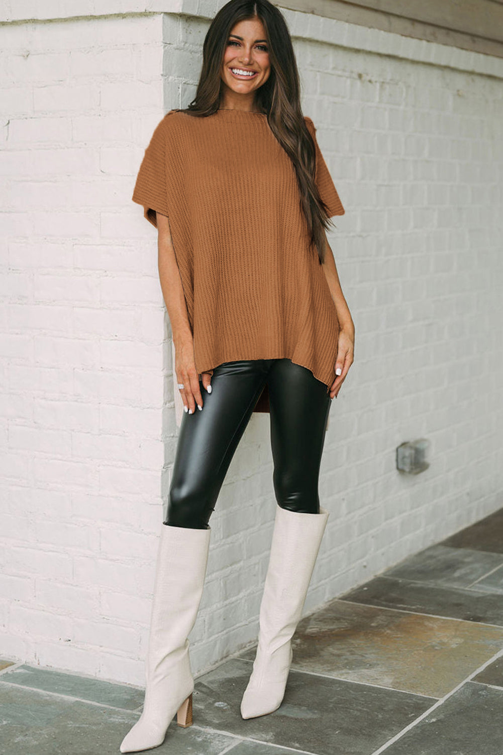 Rose Red Side Slit Short Sleeve Oversized Sweater fca10e4584873244