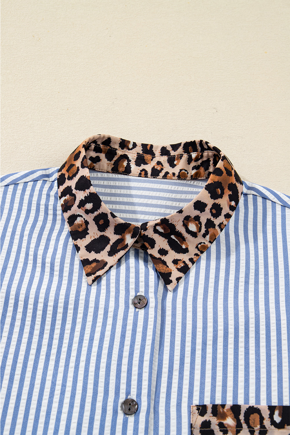 Sky Blue Leopard and Striped Patchwork Button Shirt fca1a6cde2a0612d