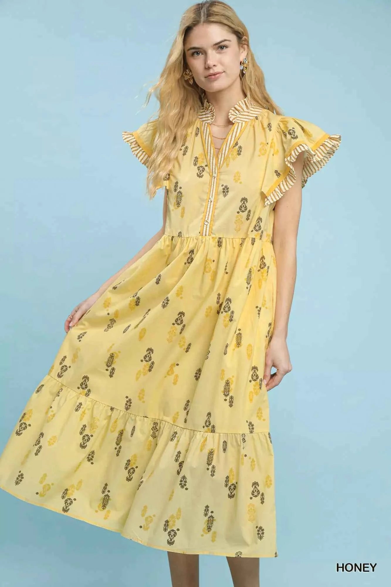 Umgee Floral Ruffle Sleeve Tiered Midi Dress HONEY fcb4527d-9516-4c2a-b02b-c2395c8b0175-Max-Origin