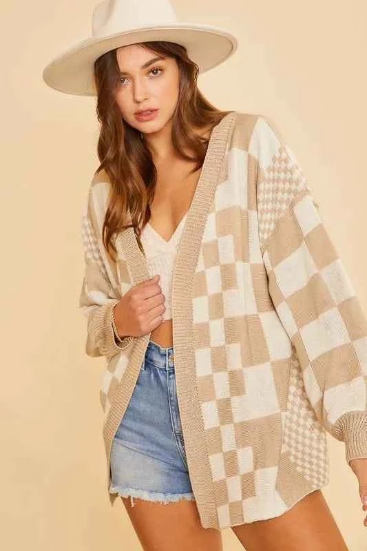 Checkered Open Front Drop Shoulder Cardigan fcb5d8cc-ed34-4d12-be55-a4e0644b195e-Max