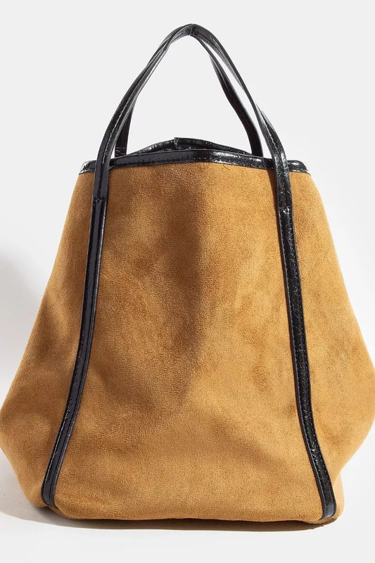 Fame Suede Tote Faux Leather Trim Shoulder Strap fcb713243b1b4b61ab321a81839edcba-Max-Origin