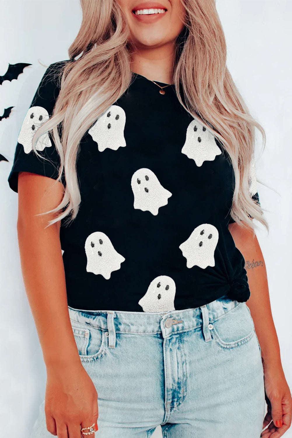 Sachet Pink Halloween Ghost Sequins Patch Casual T Shirt fcb71fd656475494