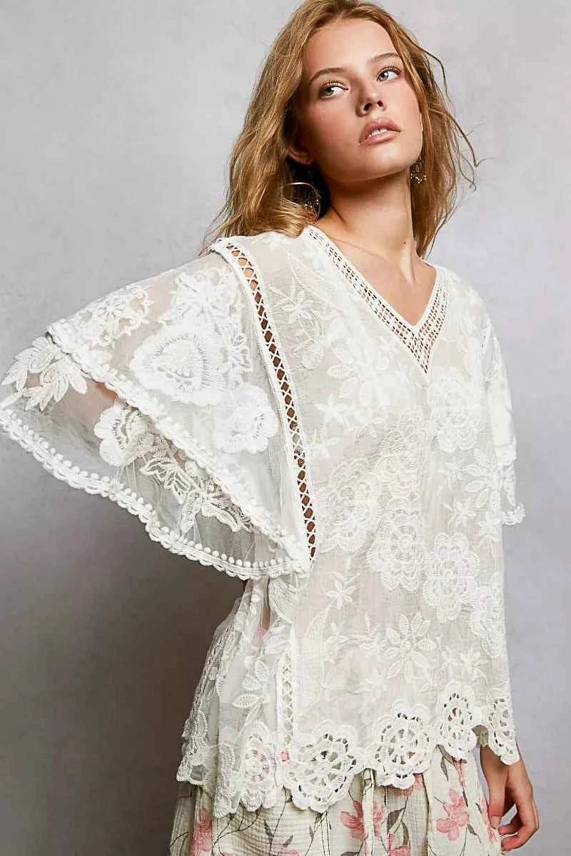 POL Floral Crochet V-Neck Short Sleeve Blouse with Scalloped Hem fcb8e667-a4e3-4bf4-82d6-d28f8f5176aa-Max-Origin