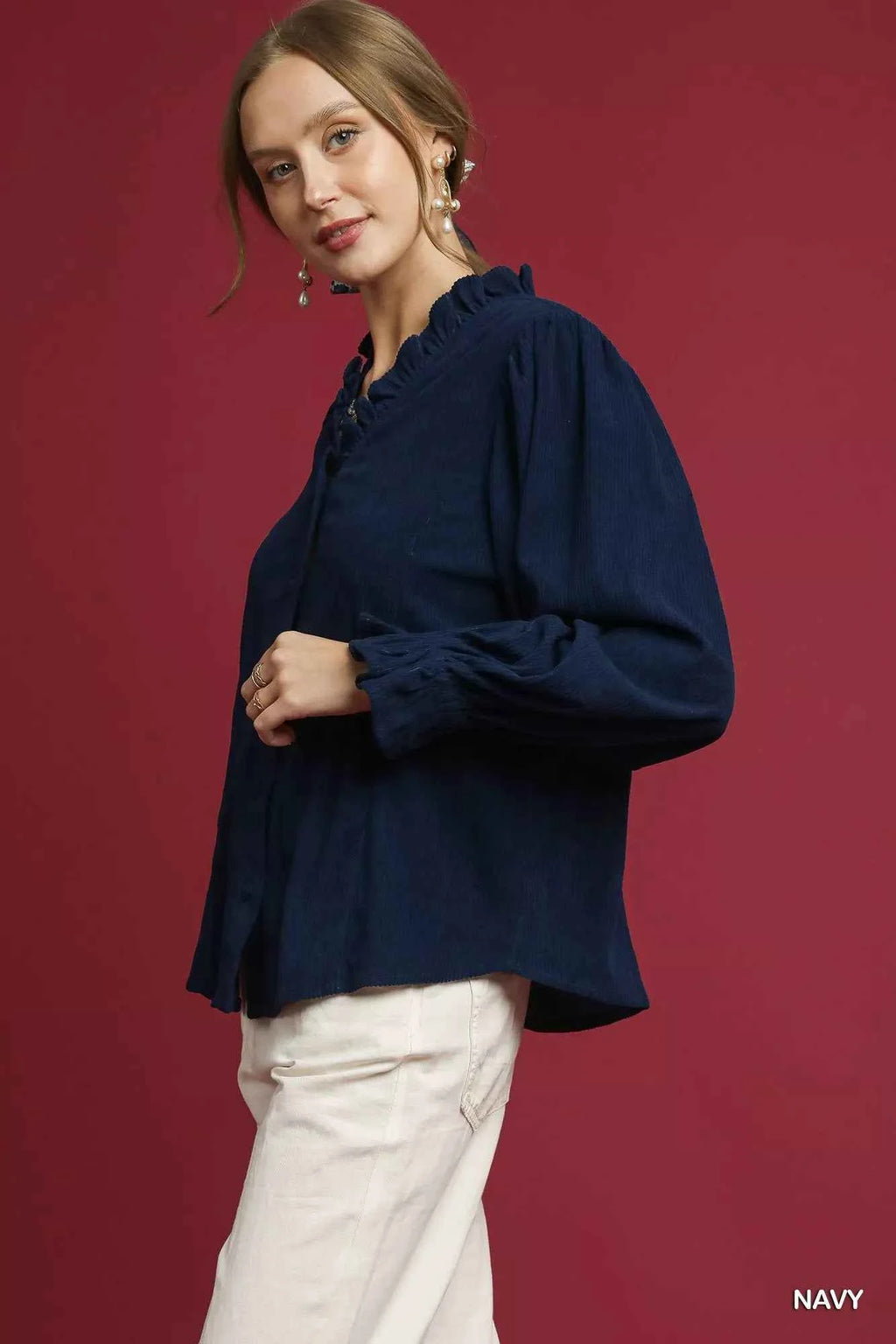 Umgee Corduroy Ruffle Shirt with Long Puff Sleeves fcb93768-3e8d-4822-a8c7-094dfc81a279-Max-Origin