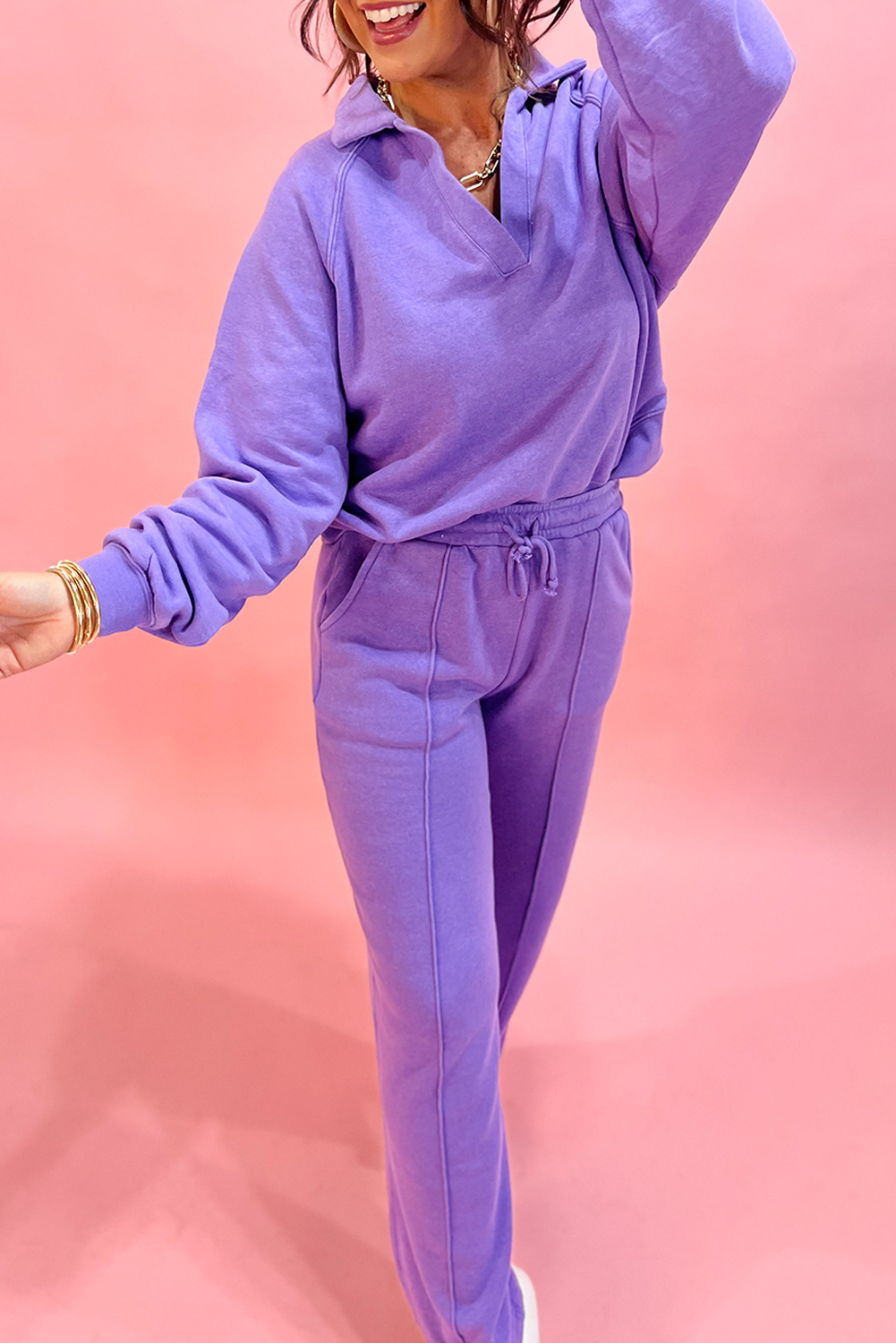 Wisteria Solid Color Collared Pullover and Central Seam Pants Set Wisteria 65%Polyester+35%Cotton fcb9cb12e25ed3eb