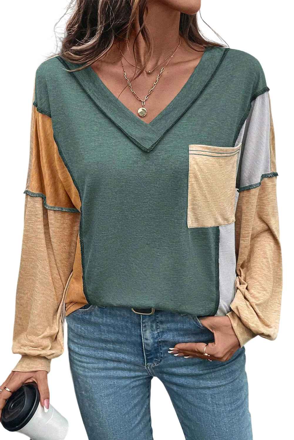 Sail Blue Exposed Stitching Colorblock V Neck Long Sleeve Top fcc1f4b05c69f901