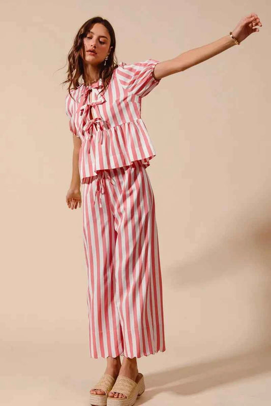 Front Tie Stripe Top With Puff Sleeves and Wide Leg Pants Set fcc432736807410fa134e038beac89eb-Max-Origin