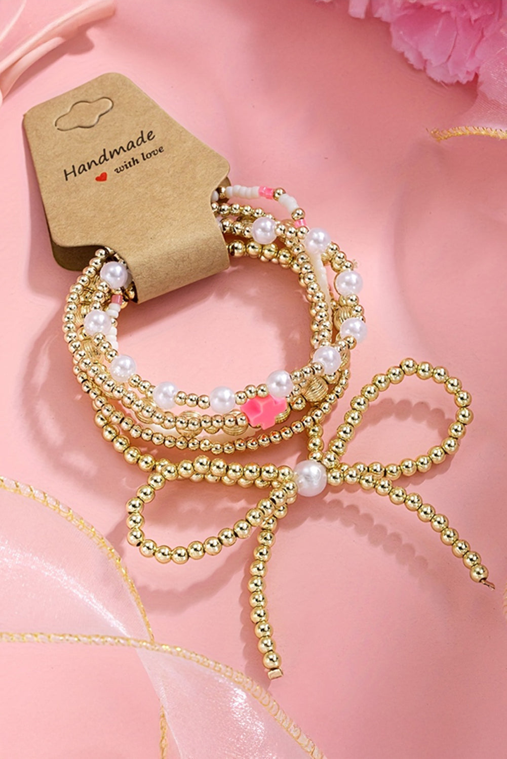 Gold Bow Pearl Cross Beaded Bracelet Set fccfd3b8d1fe9214