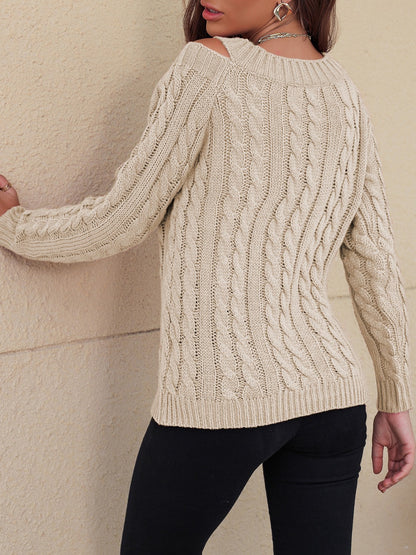 Honey Cable-Knit V-Neck Cold Shoulder Sweater