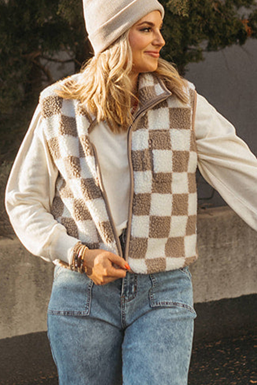 Khaki Checkered Sherpa Collared Jacket Vest fcd2aca87c469b91