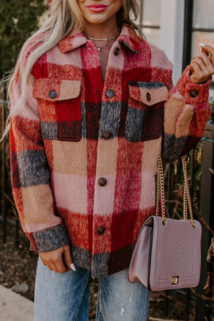 Orange Plaid Print Flap Pockets Buttoned Casual Plus Size Jacket Orange 100%Polyester fcd8101497a71cdc