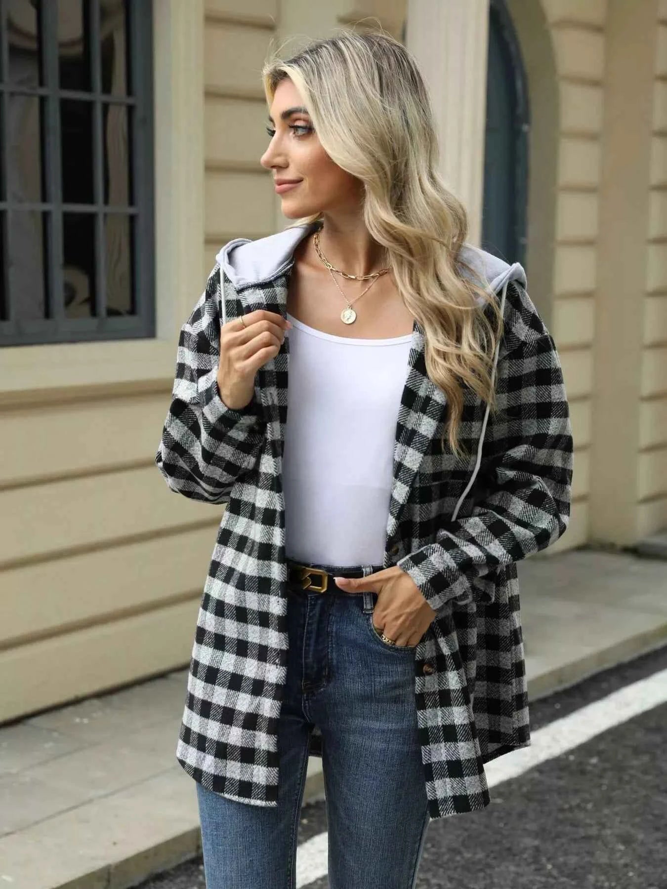 Plaid Button Up Long Sleeve Drawstring Hooded Jacket fcd8a09c6b2c4540af810c56f115be7e-Max-Origin