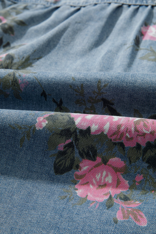 Blue Bracelet Sleeve Floral Denim Shirt fcda4cd3ede26e10