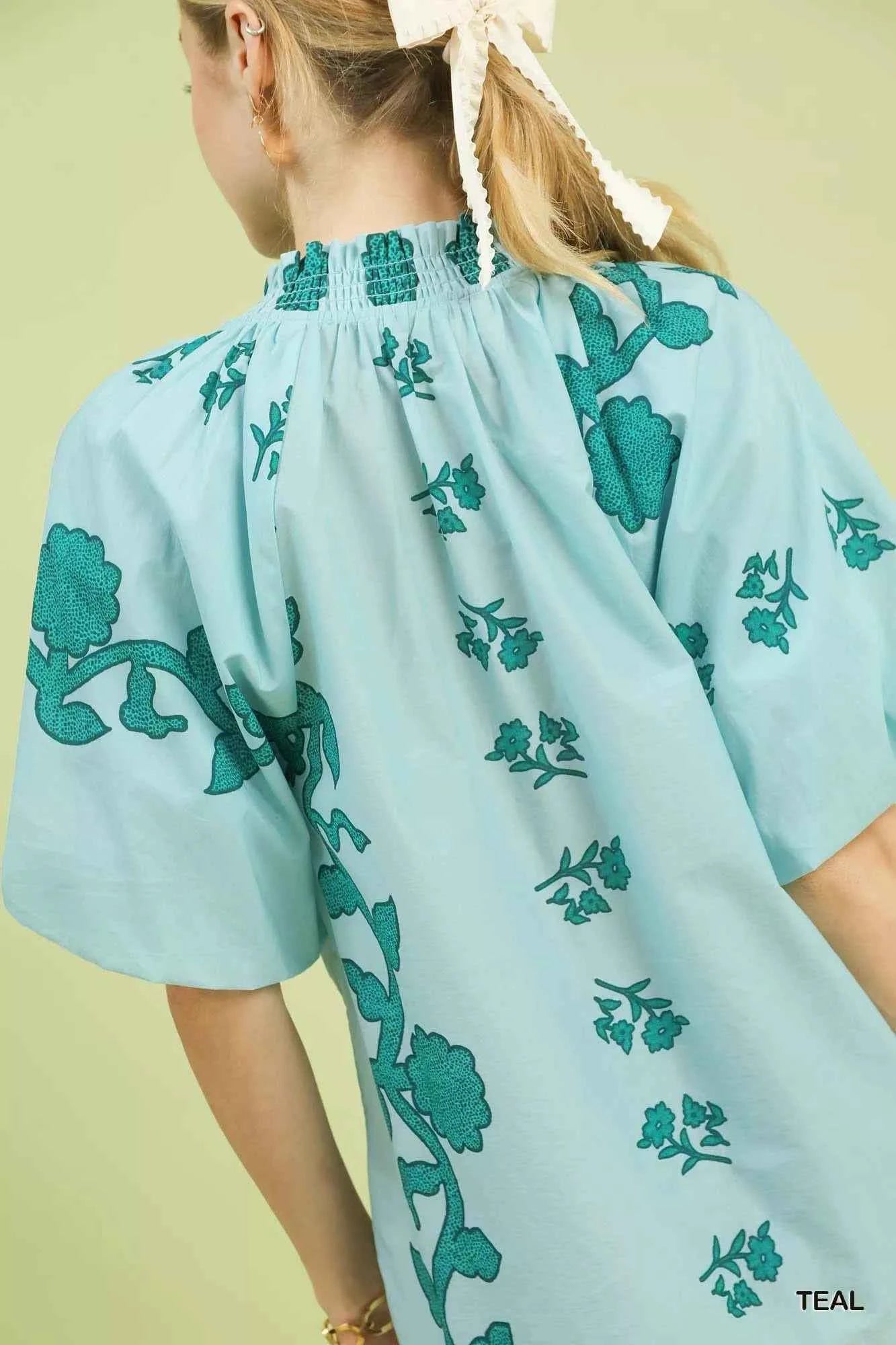 Umgee Floral Smocked Notched Puff Sleeve Blouse fcde7819-ce1e-4178-887c-8770abdbb3db-Max-Origin