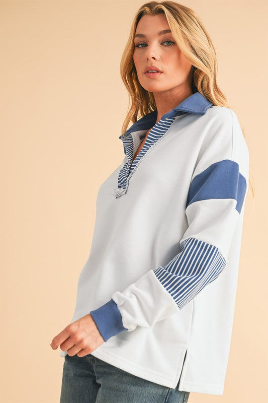 Dark Blue Striped Patchwork Collar Sweatshirt fce30422d0b11b40