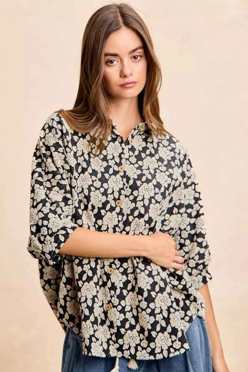 BiBi Floral Jacquard Short Dolman Sleeves Shirt fced7689928b471f873e83c168f8ab5a-Max-Origin