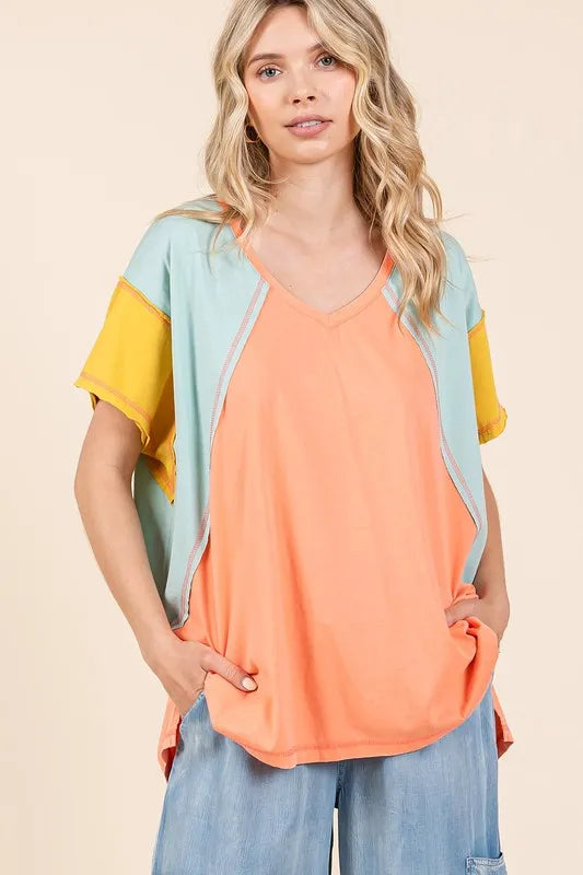 Mittoshop Color Block V-Neck Short Sleeve T-Shirt Coral Combo fcf1a021-2d4c-41f2-872d-2f5f2dd5ad7d-Max