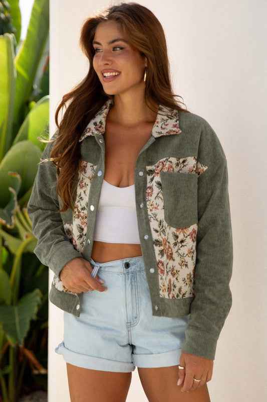 Floral Patchwork Ribbed Corduroy Shirt Jacket fcf41cc3-2756-4073-8360-b057cb53cf01