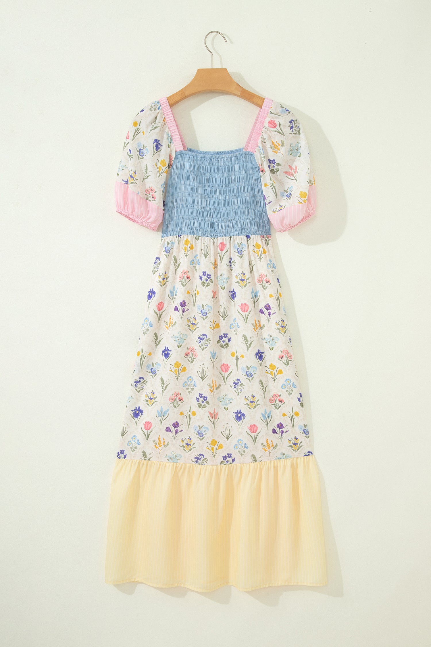 Multicolour Floral Print Striped Color Block Patchwork Square Neck Shirred Long Dress fcfb28a2fe7112a9