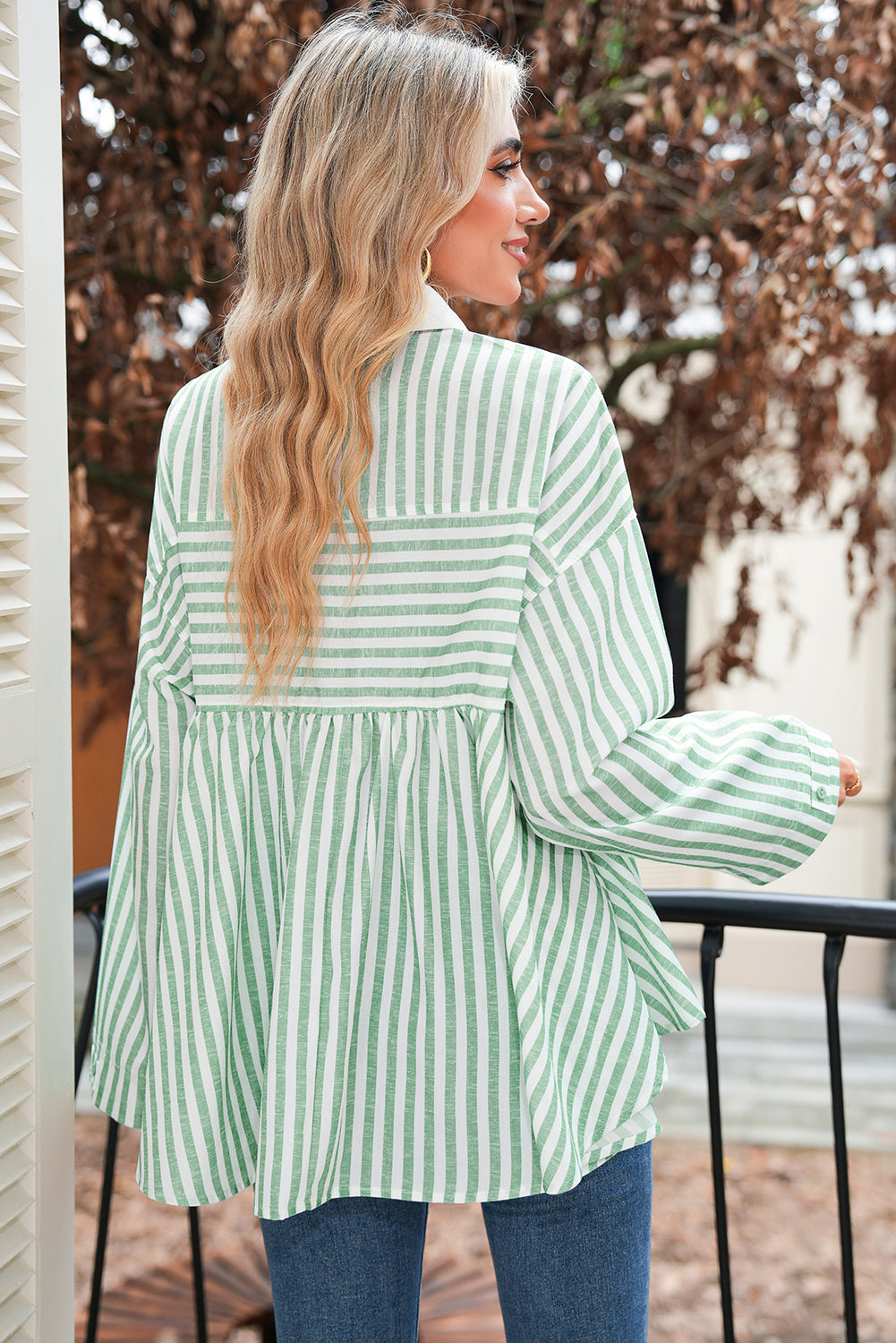 Green Striped Zipper Collar Long Sleeve Top fcfc23d7963accb4