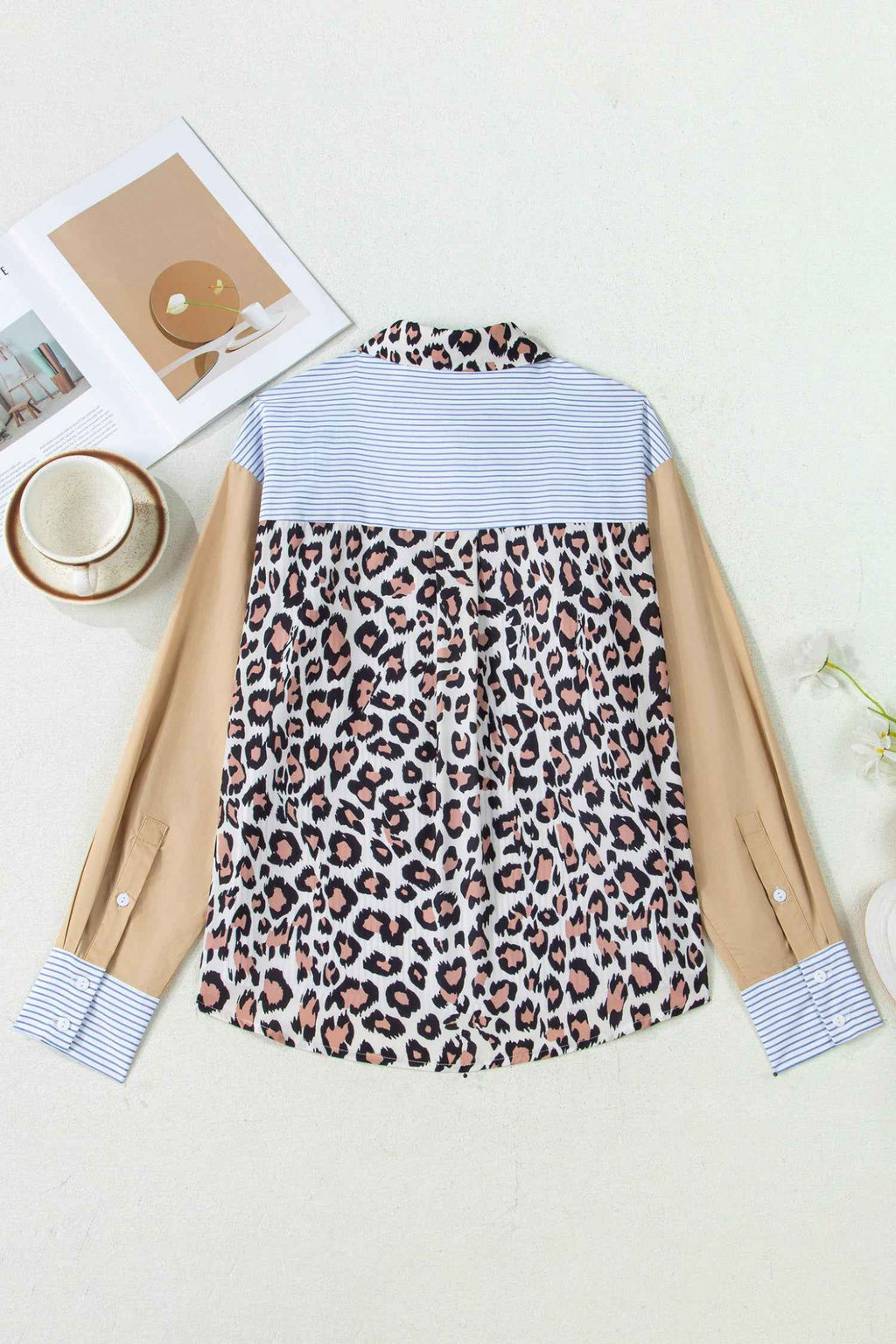 Sky Blue Stripe Colorblock Leopard Patchwork Chest Pocket Cuffed Sleeve Shirt fcff7593ca62dbe9