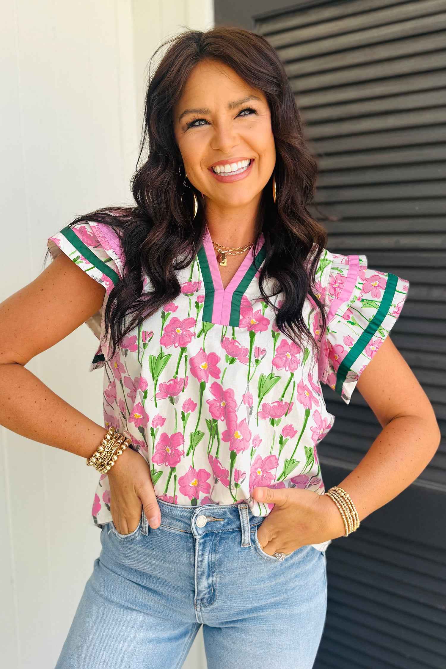 Pink Floral Print Contrast Trim V Neck Double Ruffled Short Sleeve Blouse fd011296ea22ac5e